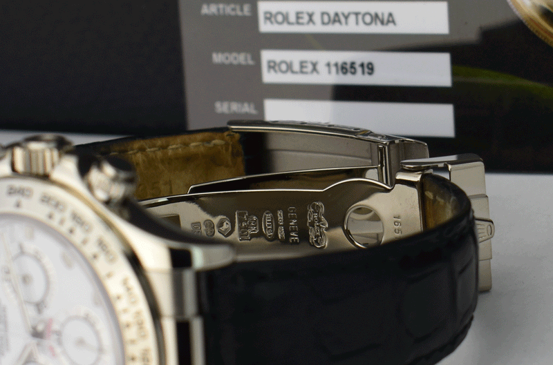 ROLEX 18kt White Gold Daytona on Black Strap White Arabic Dial Model 116519