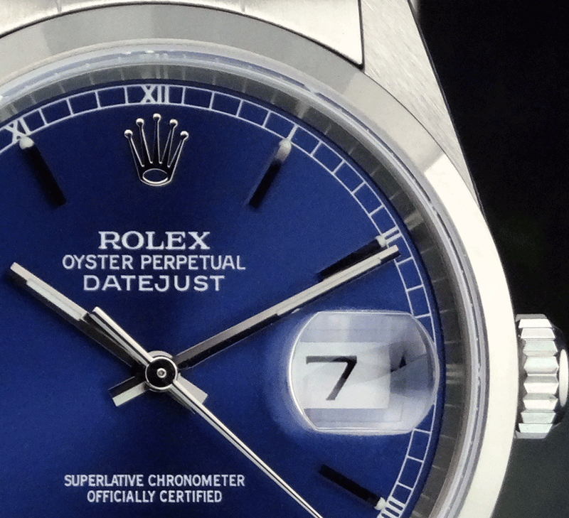 ROLEX Men's 36mm Stainless Steel Datejust Blue Stick Dial Model 16200
