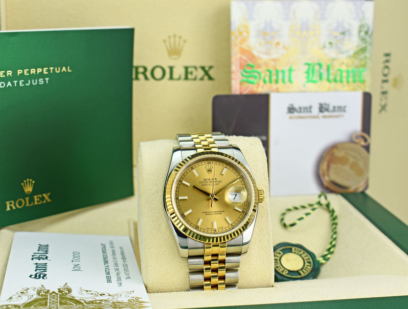 ROLEX REHAUT Men's 18kt Gold & SS DateJust 36 Champagne Index Dial Model 116233