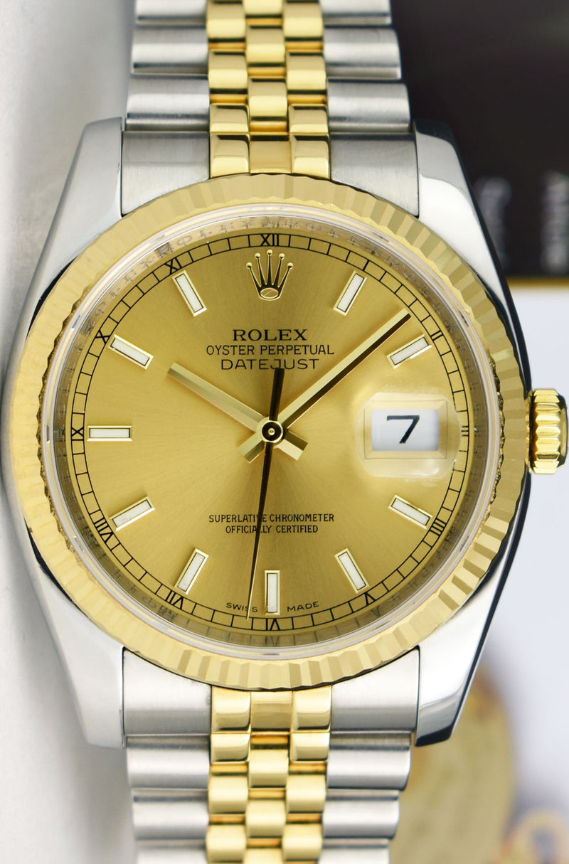 ROLEX REHAUT Men's 18kt Gold & SS DateJust 36 Champagne Index Dial Model 116233