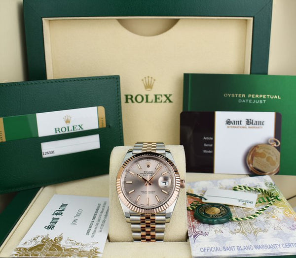 ROLEX 2018 18kt Rose Gold & Stainless Steel DateJust 41 Silver Sundust Index Dial Model 126331