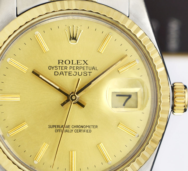 ROLEX 36mm 18kt Gold & Stainless Steel DateJust Champagne Stick Dial Model 16013