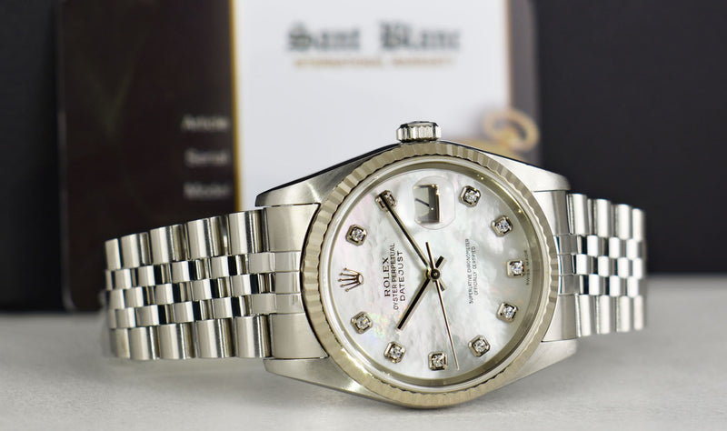 ROLEX 36mm 18kt White Gold & Stainless Steel Datejust MOP Diamond Dial Model 16234