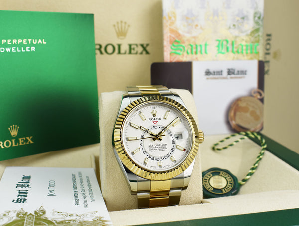 ROLEX 2022 18kt Gold & Stainless Steel Sky Dweller White Ivory Index Dial Model 326933