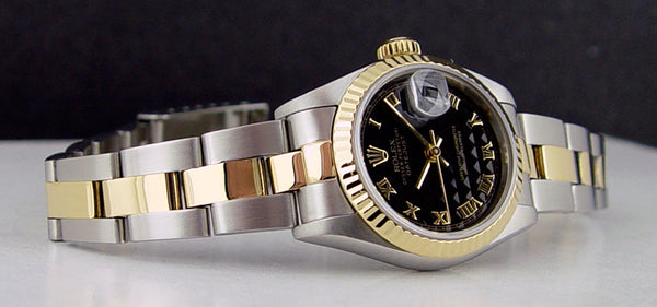 ROLEX Ladies 18kt Gold & Stainless Steel DateJust Black Pyramid Roman Dial Model 79173