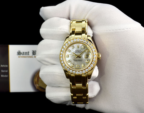 ROLEX Ladies 29mm 18kt Gold PearlMaster Masterpiece White MOP Diamond Dial Model 80298