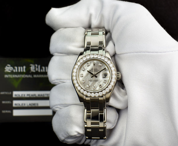 ROLEX Ladies 29mm 18kt White Gold Pearlmaster Masterpiece White MOP Diamond Dial Model 80299